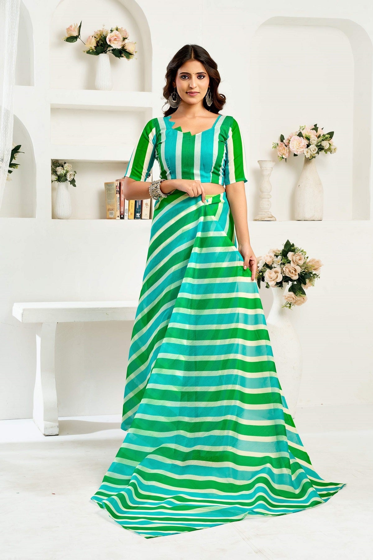 Multicolor Printed Ready to Wear Linen Saree with Blouse Piece