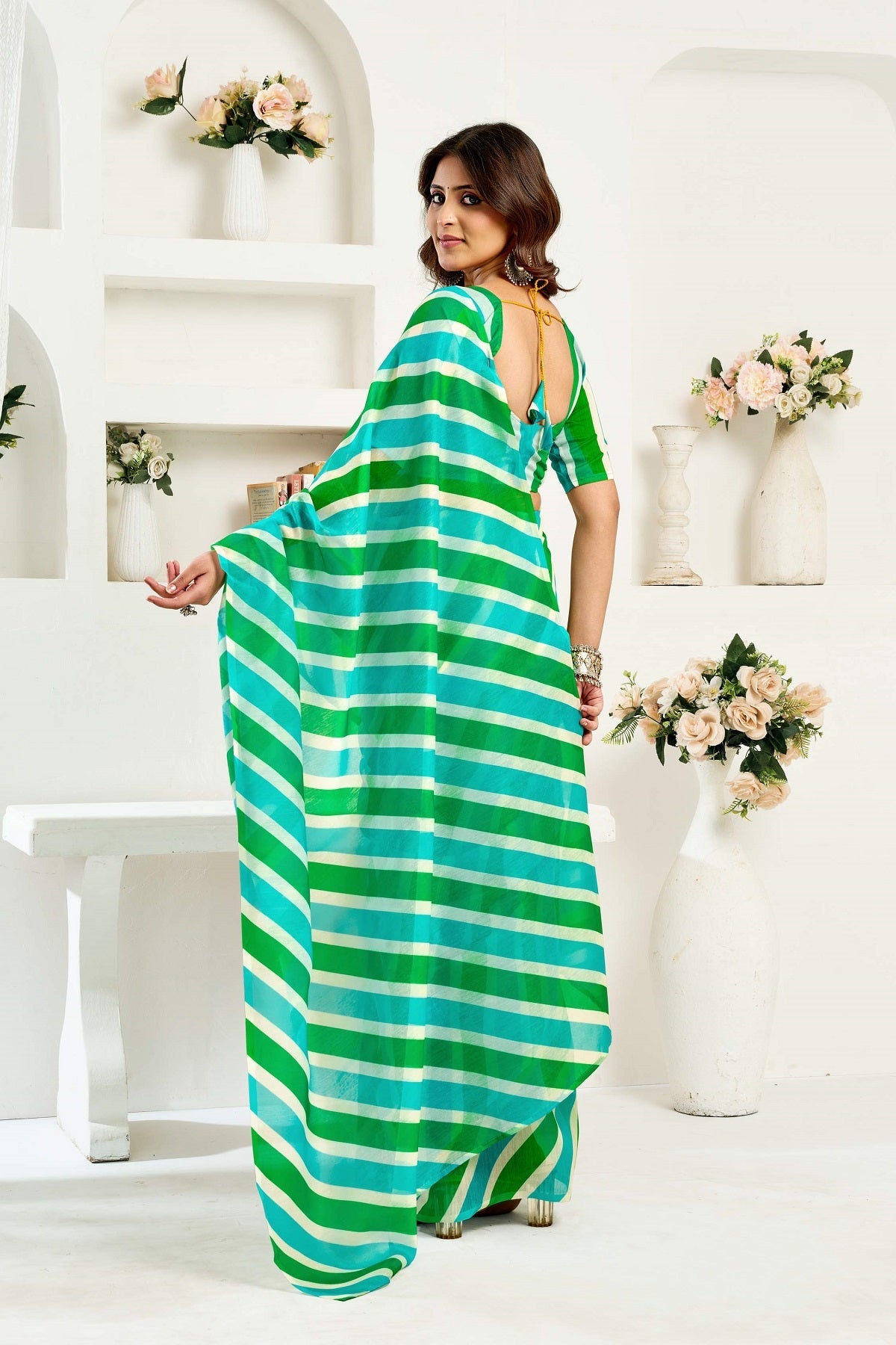 Multicolor Printed Ready to Wear Linen Saree with Blouse Piece