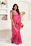Pink printed linen ready-to-wear saree with matching unstitched blouse
