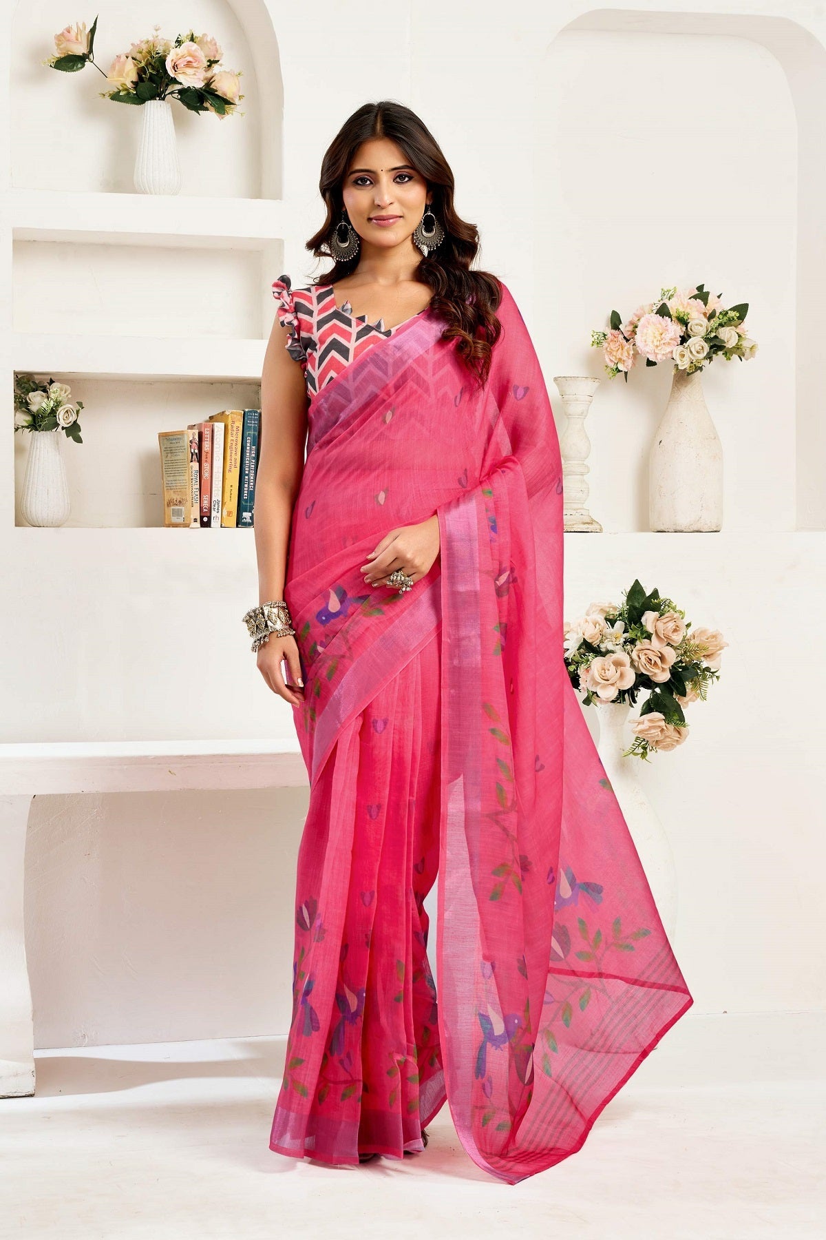 Pink Printed Linen Ready-to-Wear Saree with Unstitched Blouse