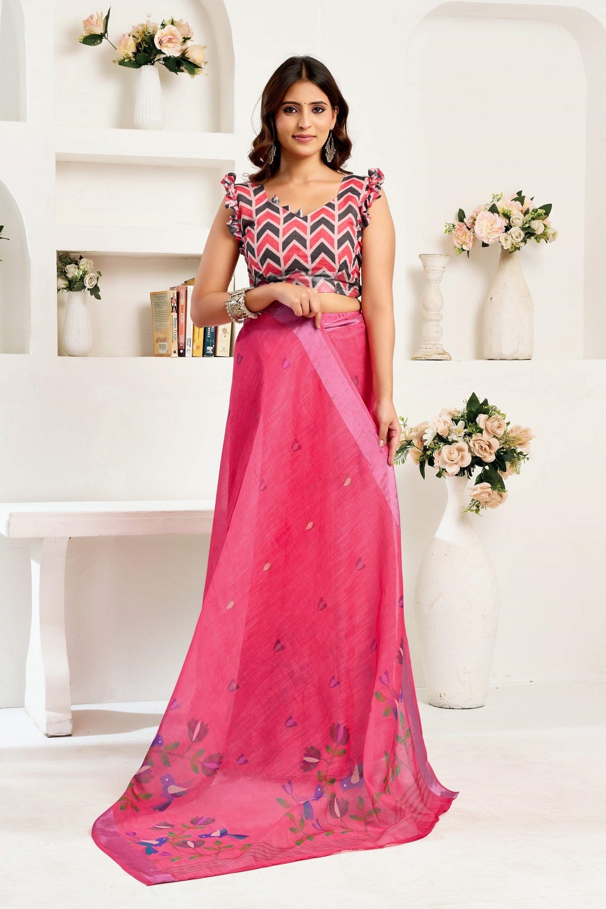 Pink Printed Linen Ready-to-Wear Saree with Unstitched Blouse