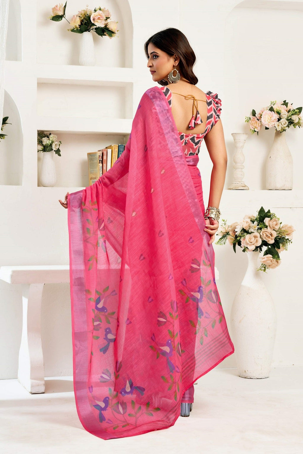 Pink Printed Linen Ready-to-Wear Saree with Unstitched Blouse