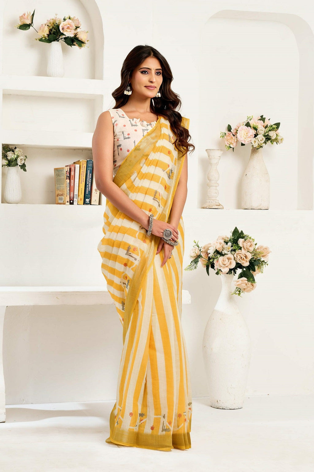 Yellow printed linen ready-to-wear saree with unstitched blouse piece