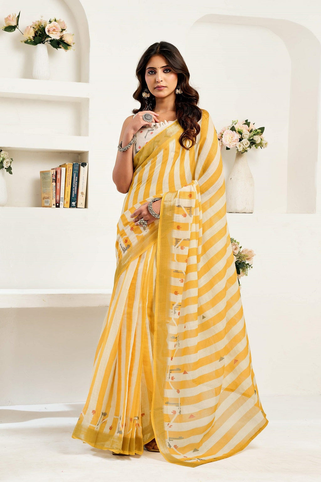 Yellow Printed Linen Ready To Wear Saree With Unstitched Blouse