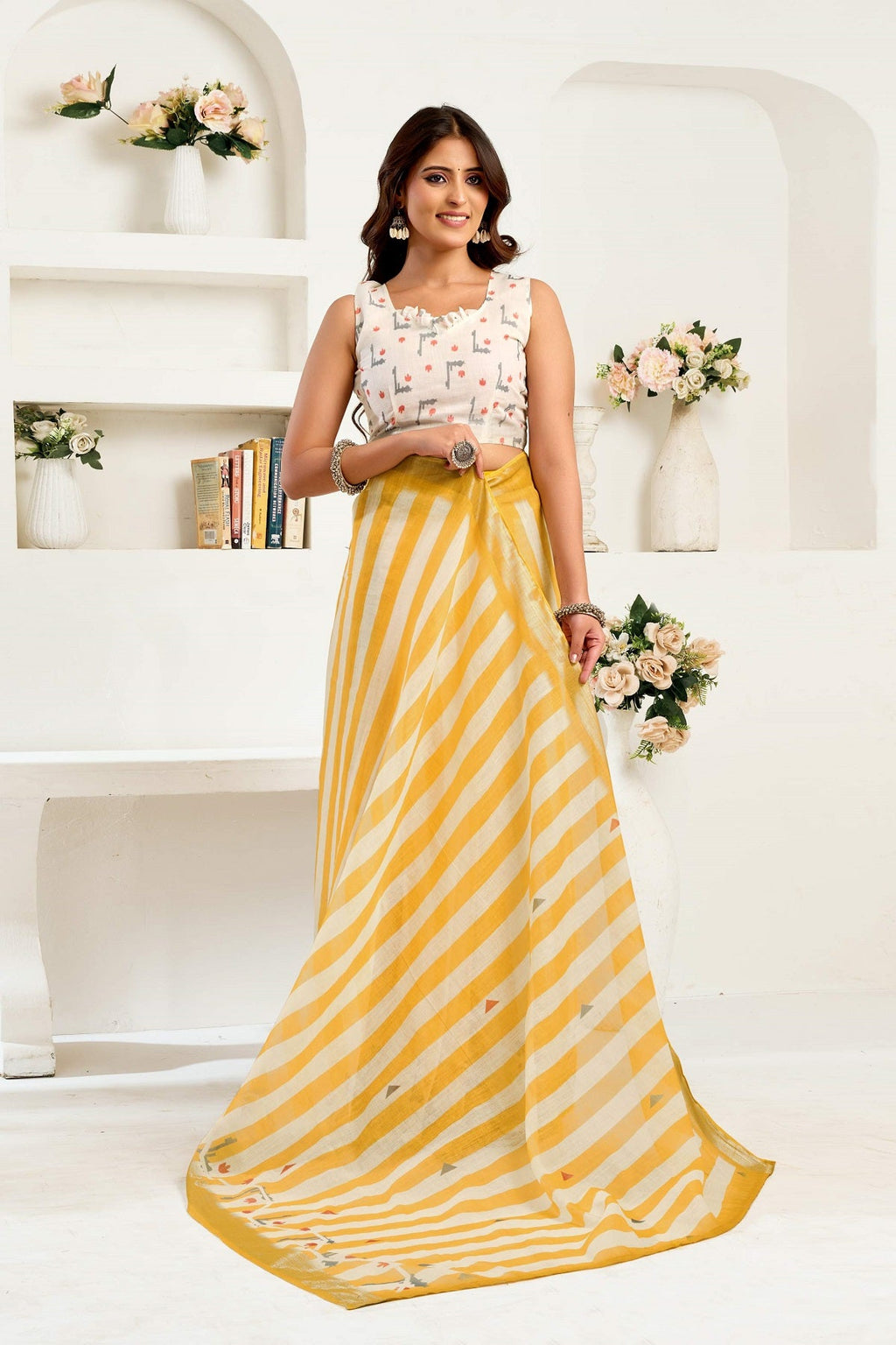 Yellow Printed Linen Ready To Wear Saree With Unstitched Blouse