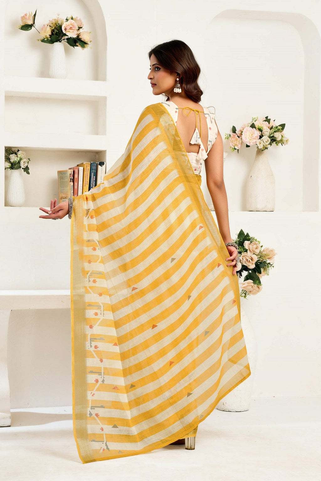 Yellow Printed Linen Ready To Wear Saree With Unstitched Blouse