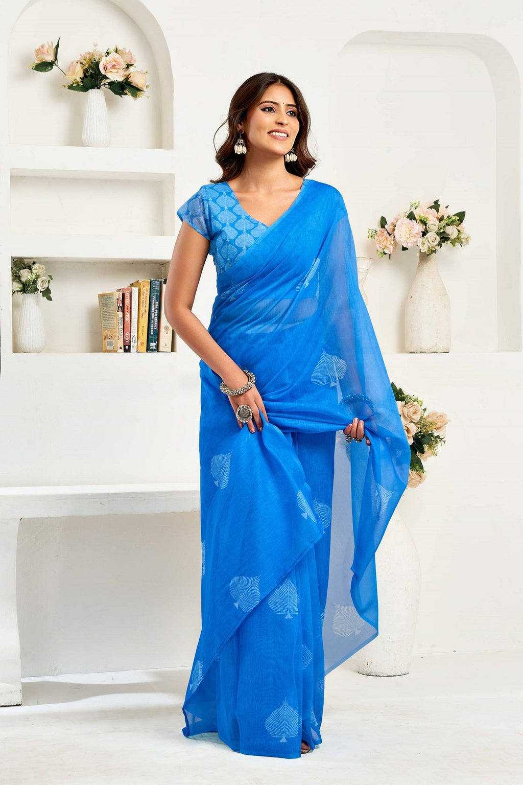 Blue printed linen ready-to-wear party saree with matching blouse piece