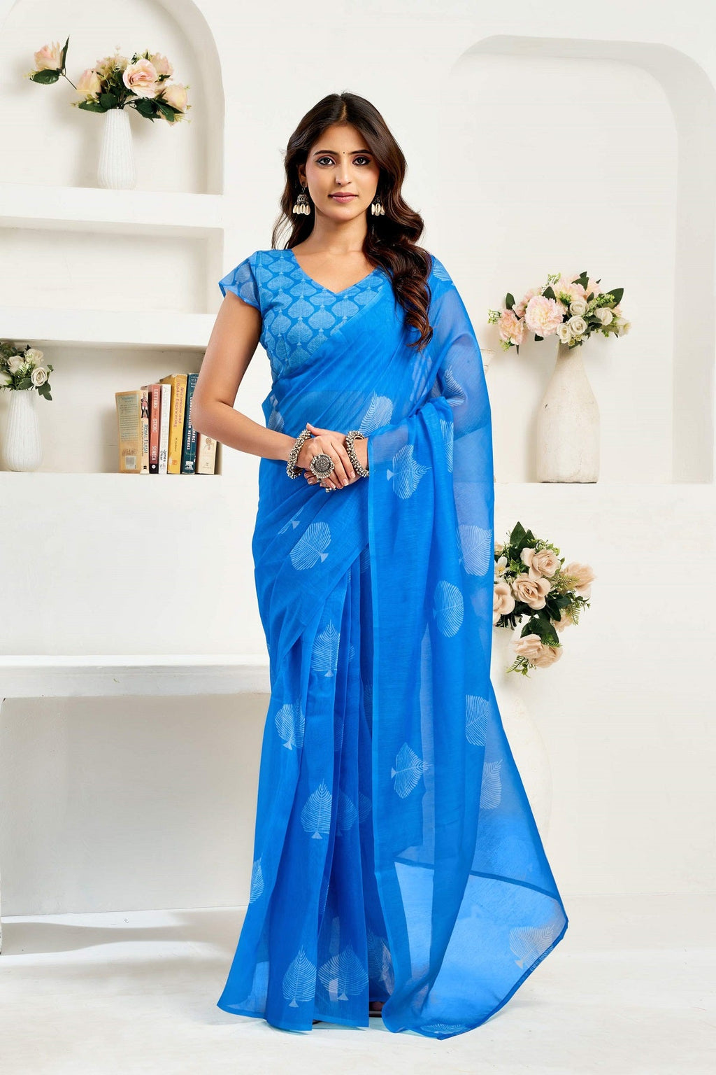Blue Printed Linen Ready To Wear Saree with Unstitched Blouse