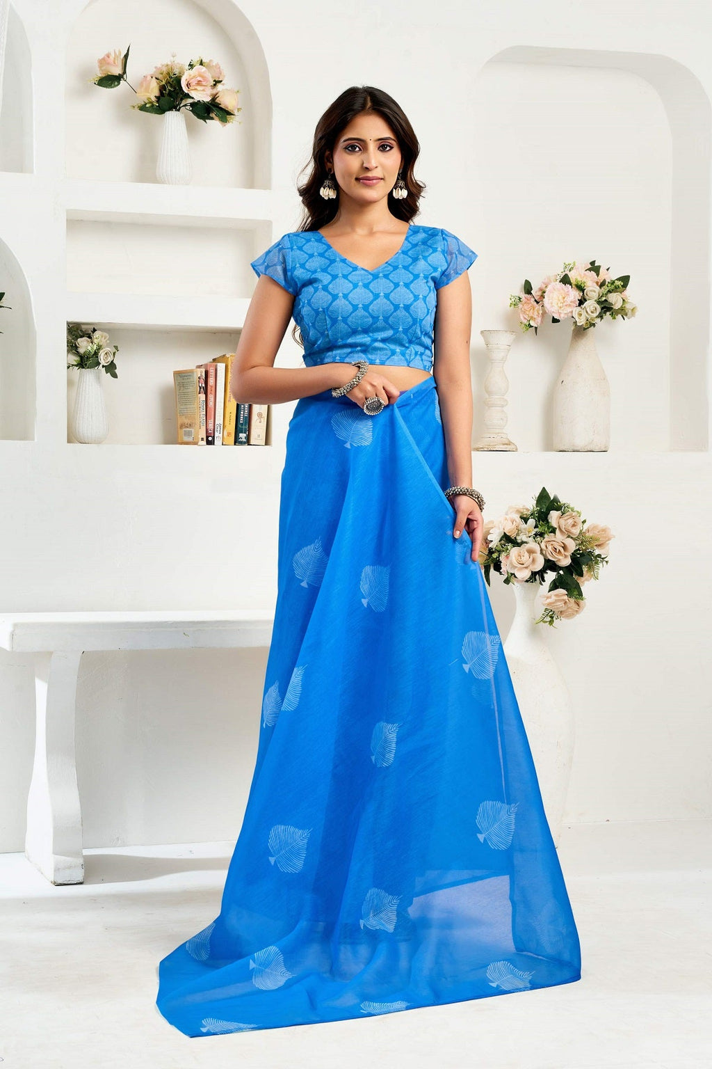 Blue Printed Linen Ready To Wear Saree with Unstitched Blouse