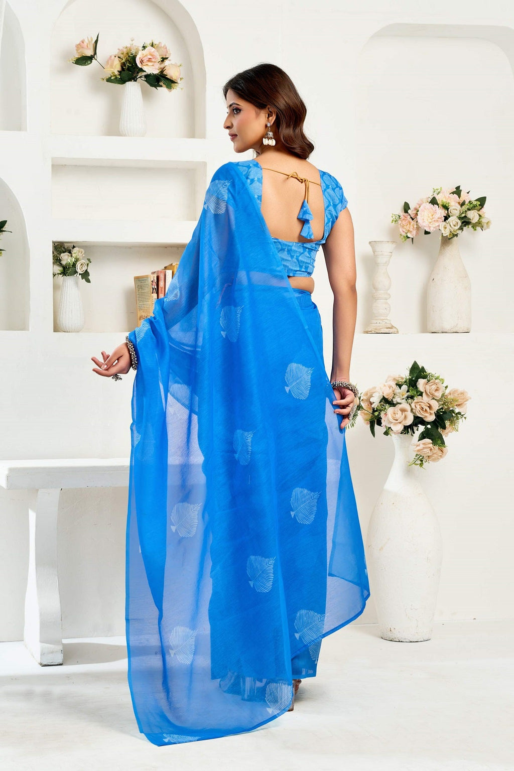 Blue Printed Linen Ready To Wear Saree with Unstitched Blouse