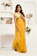 Yellow Printed Linen Ready To Wear Saree with Unstitched Blouse