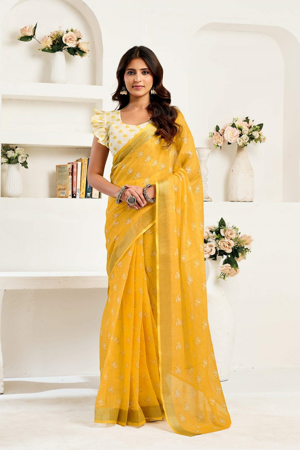 Yellow printed linen ready-to-wear saree with matching unstitched blouse