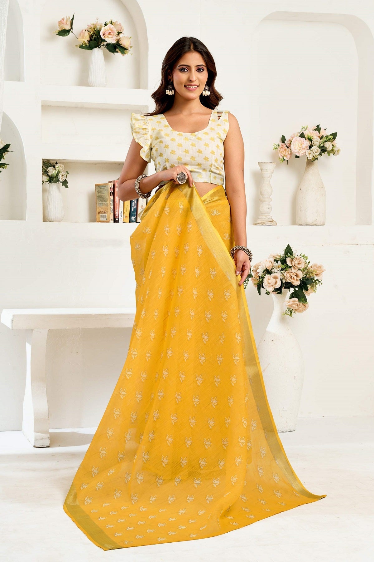 Yellow Printed Linen Ready To Wear Saree with Unstitched Blouse