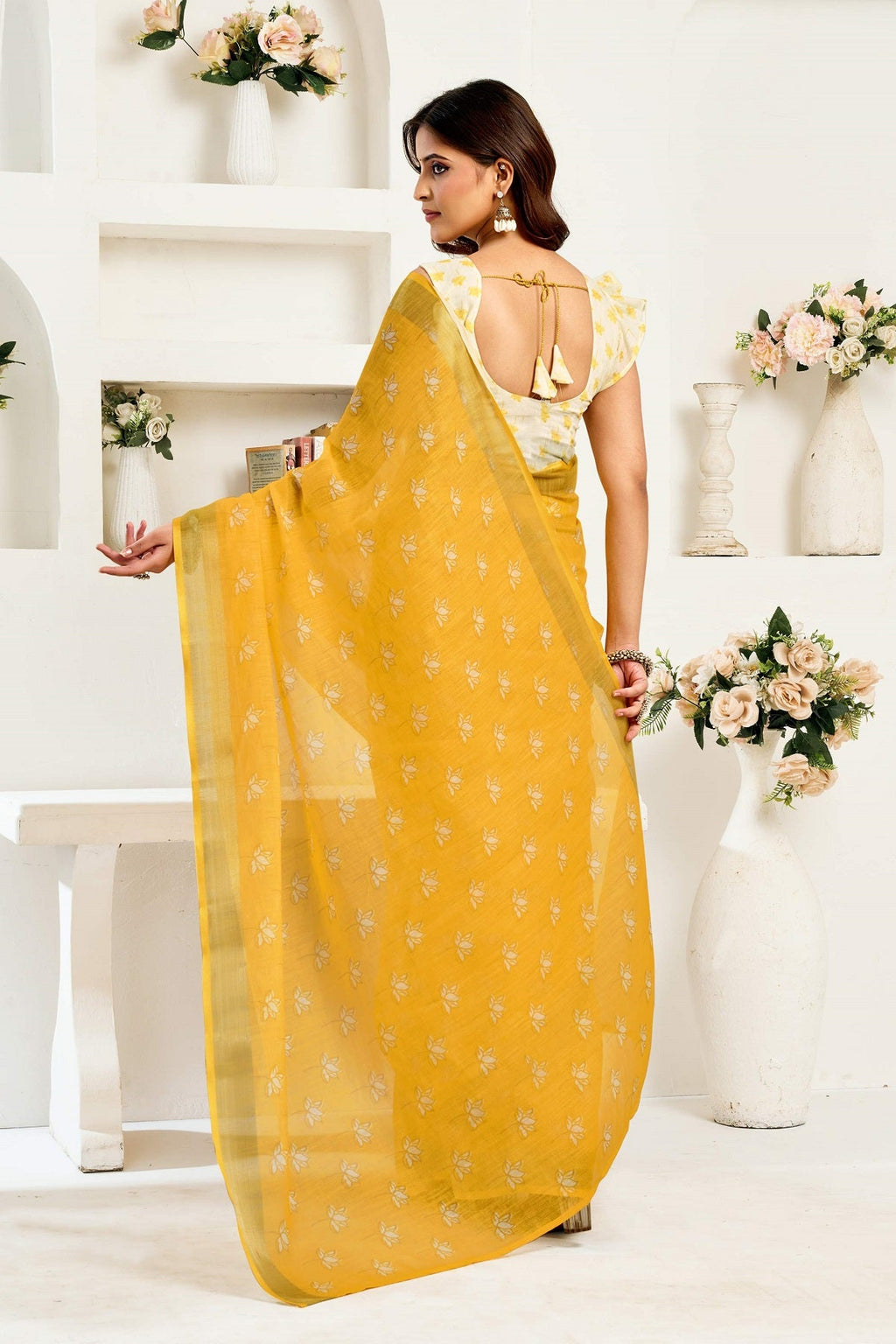 Yellow Printed Linen Ready To Wear Saree with Unstitched Blouse