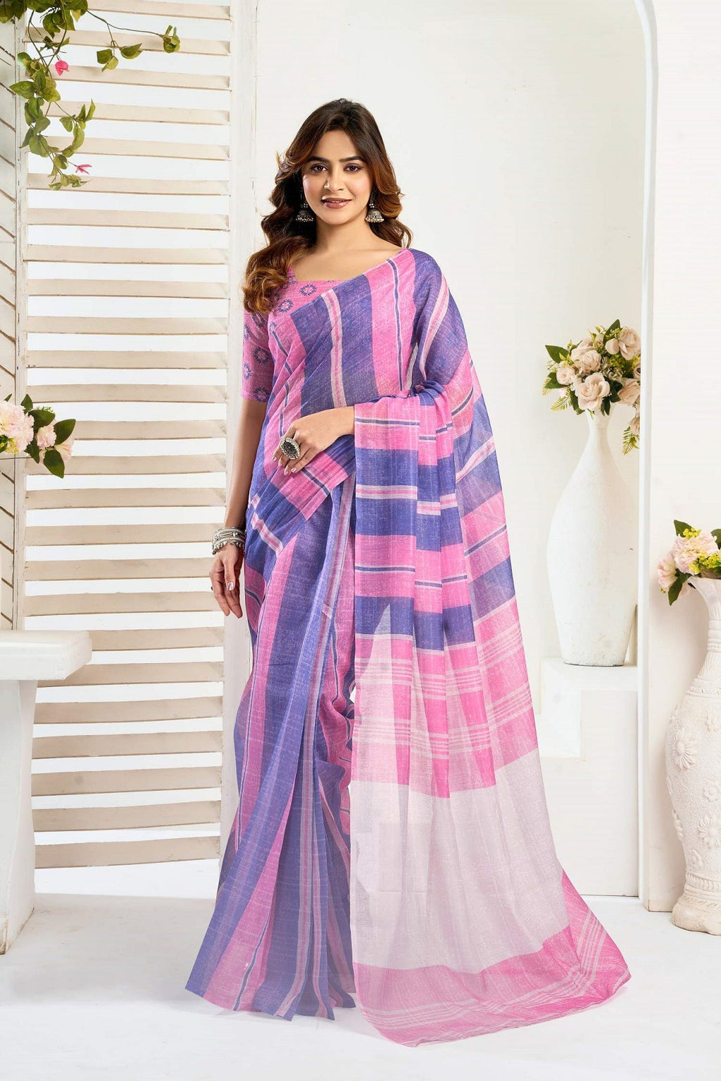 Pink Printed Linen Ready-to-Wear Saree with Unstitched Blouse