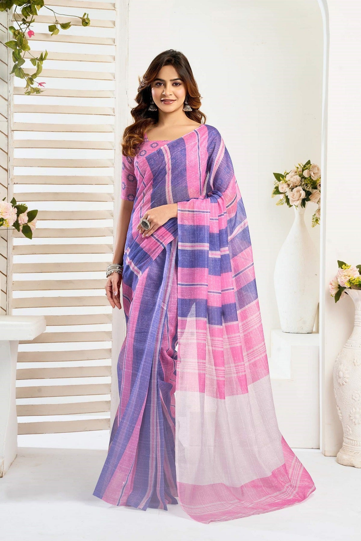 Pink Printed Linen Ready-to-Wear Saree with Unstitched Blouse