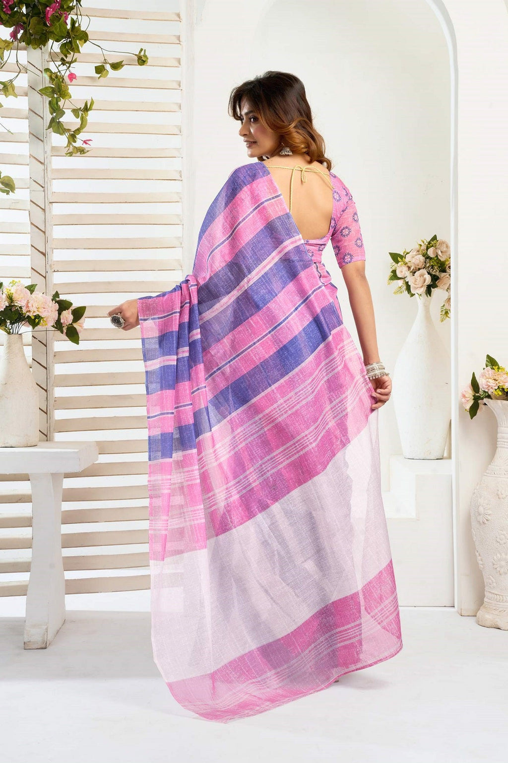 Pink Printed Linen Ready-to-Wear Saree with Unstitched Blouse