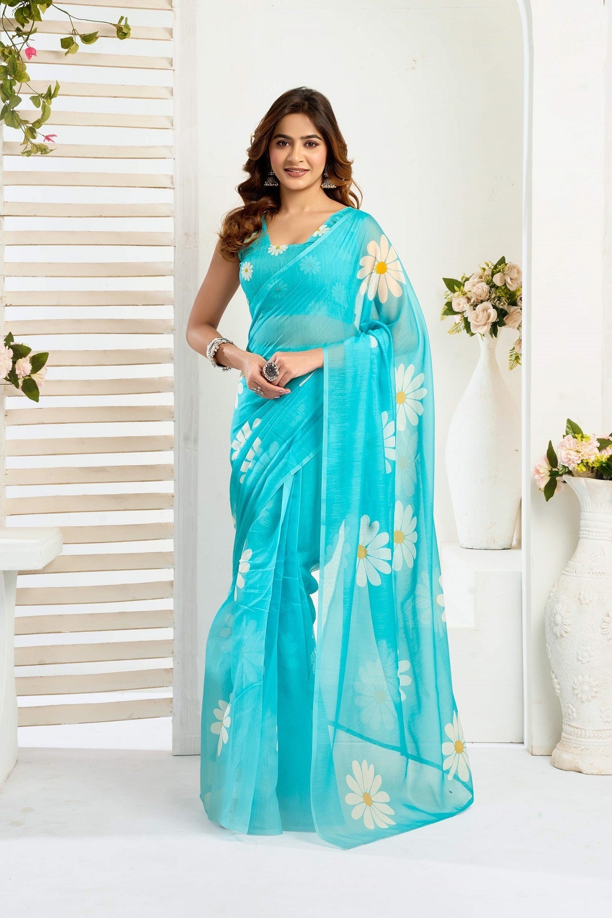 Turquoise Blue Printed Linen Ready To Wear Saree