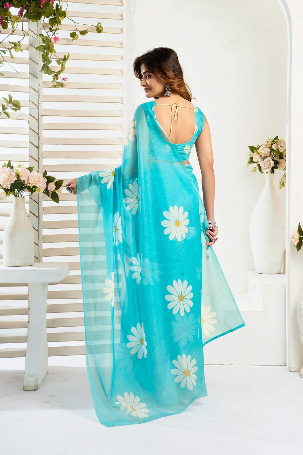 Turquoise Blue Printed Linen Ready To Wear Saree