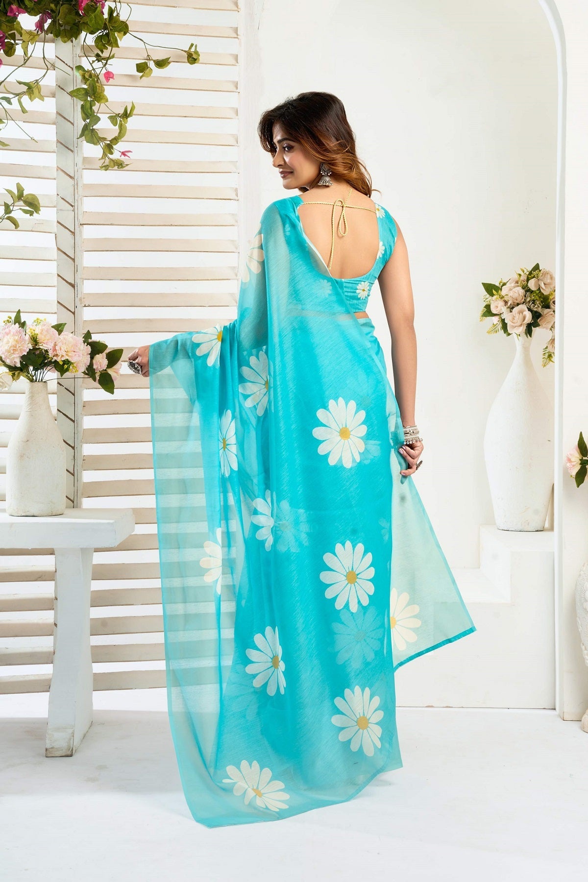 Turquoise Blue Printed Linen Ready To Wear Saree