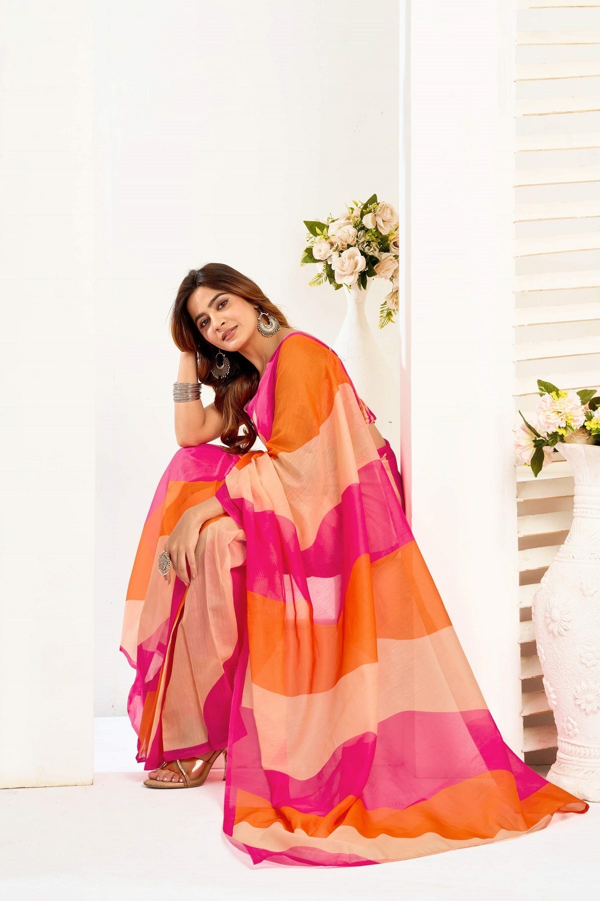 Multicolor Printed Ready-to-Wear Linen Saree