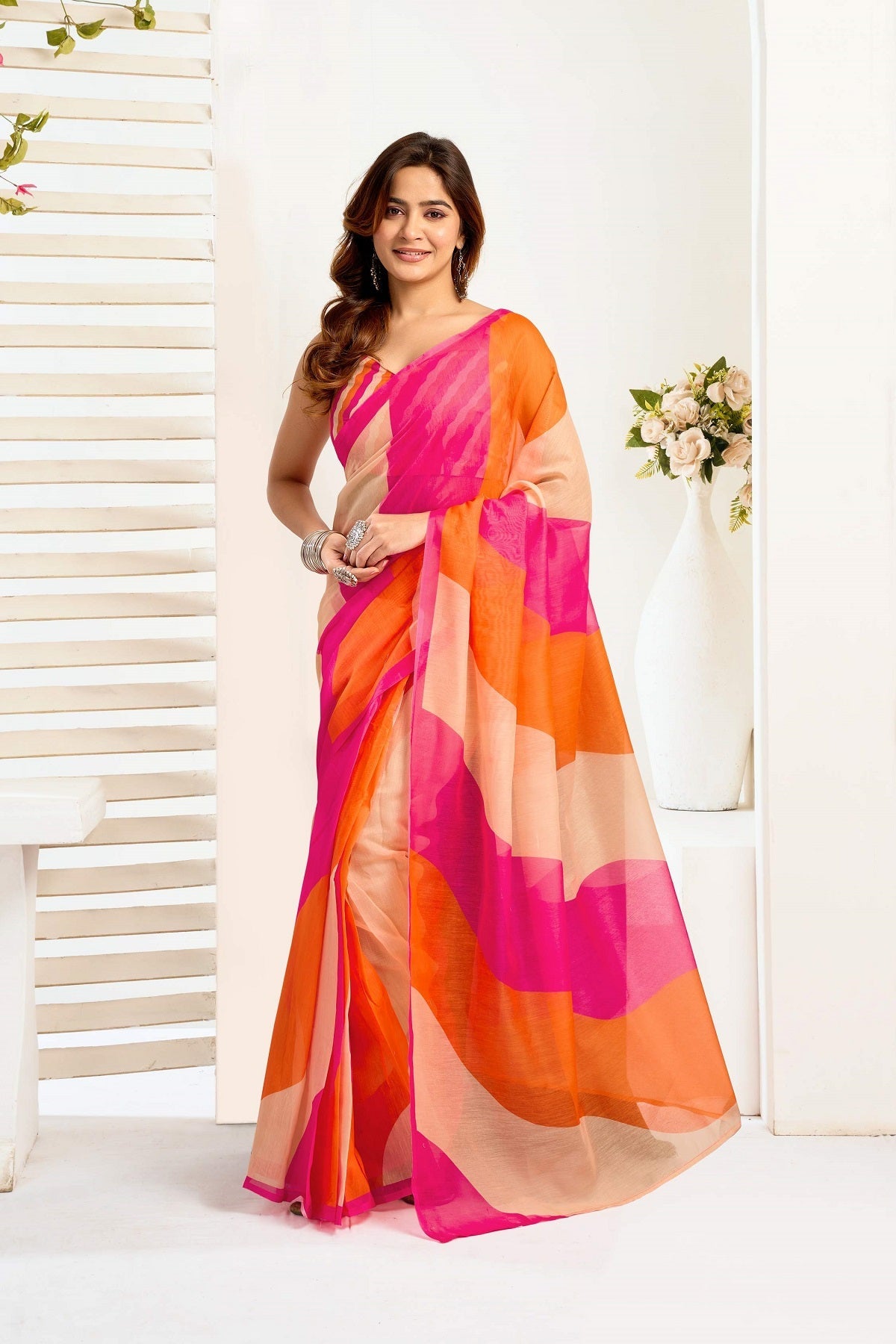 Multicolor printed linen ready-to-wear saree with unstitched blouse