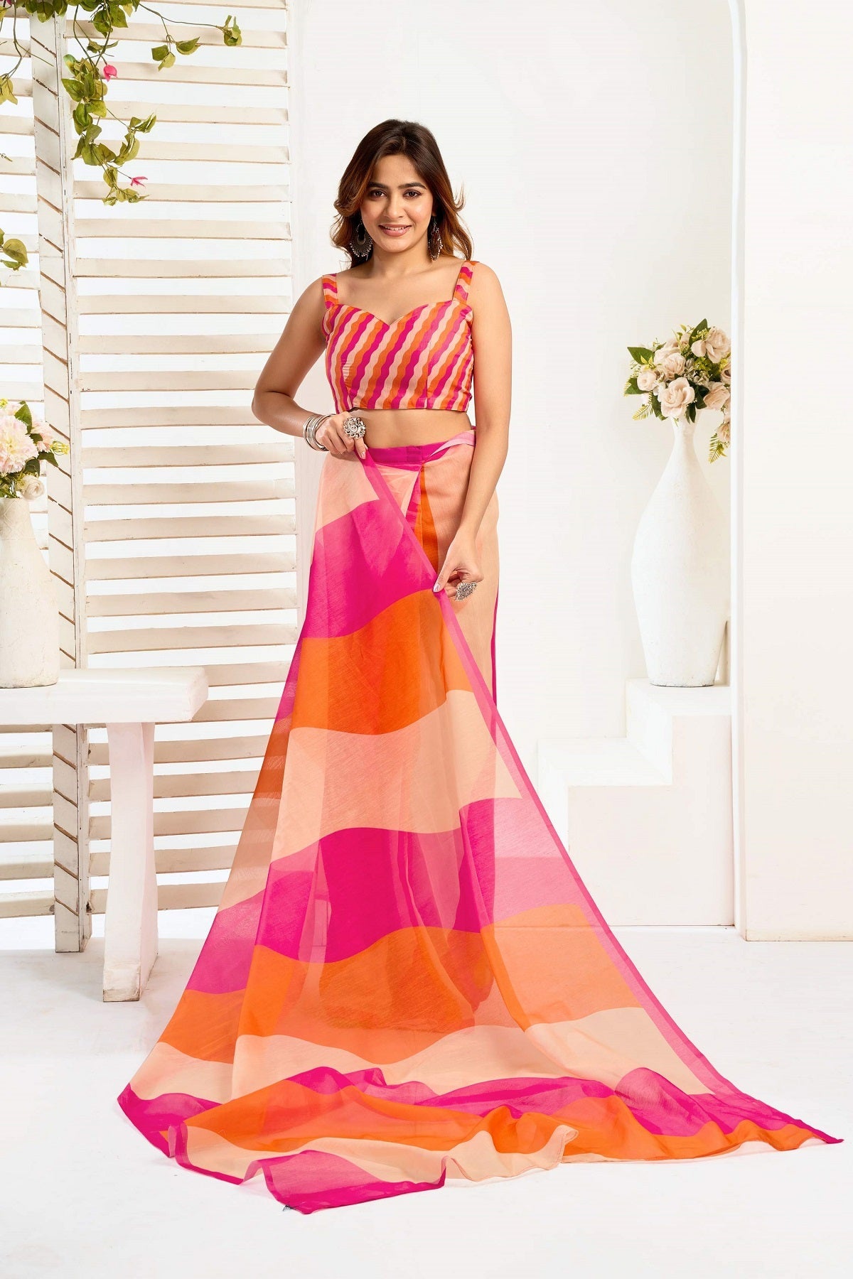 Multicolor Printed Ready-to-Wear Linen Saree