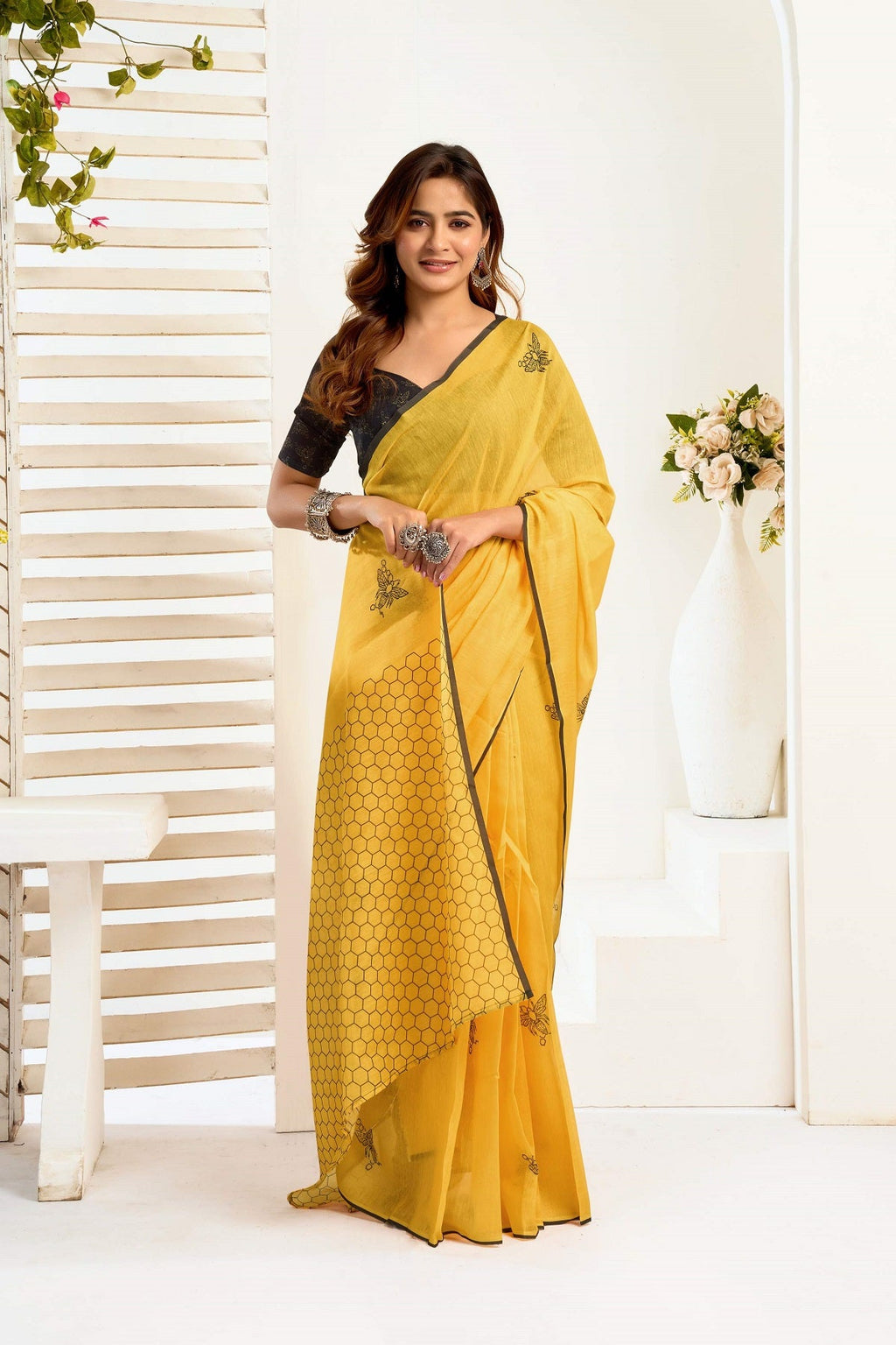 Vibrant Yellow printed ready to wear linen saree with unstitched blouse