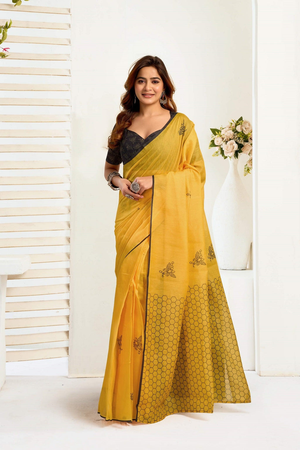 Yellow Printed Ready To Wear Saree with Unstitched Blouse