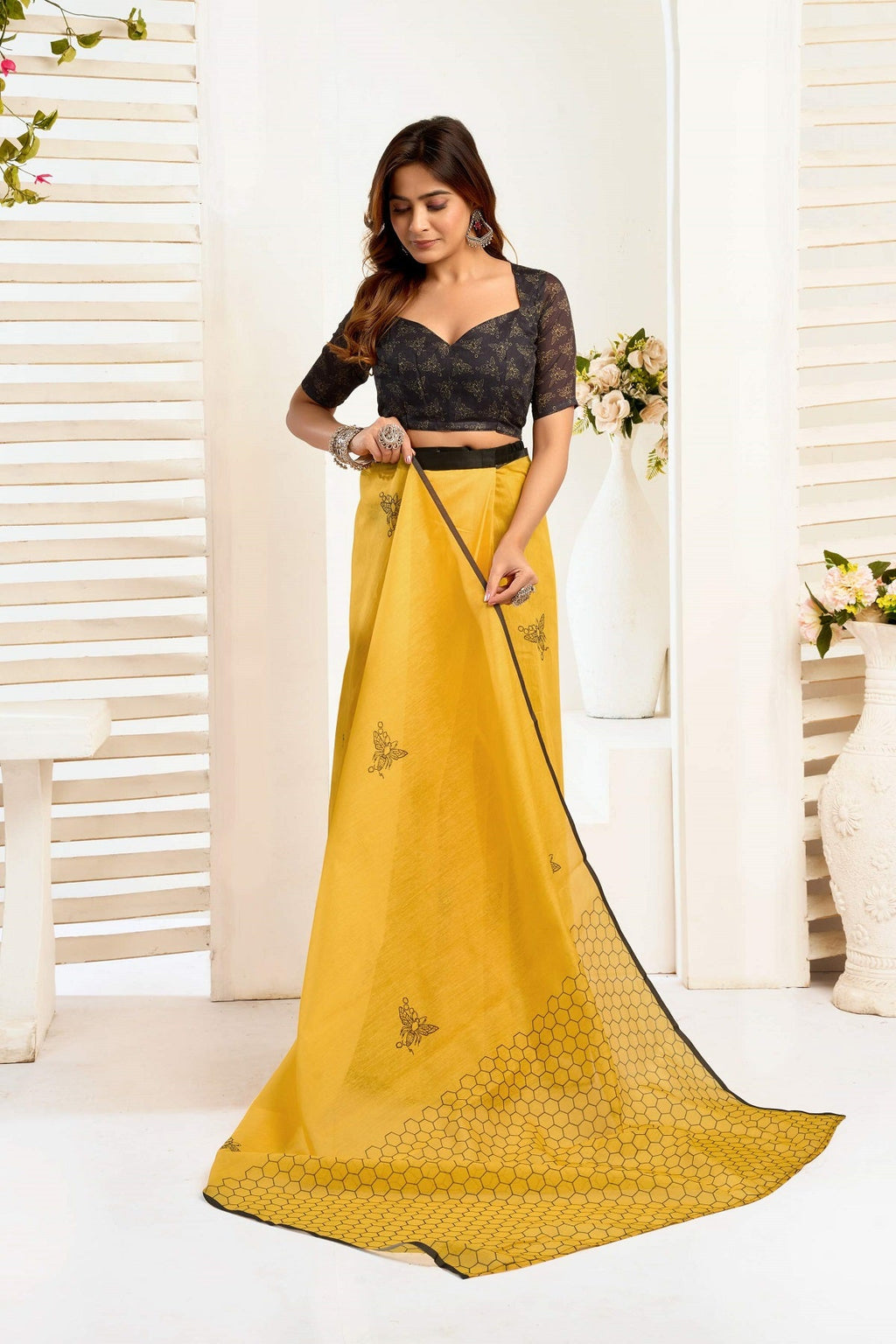 Yellow Printed Ready To Wear Saree with Unstitched Blouse