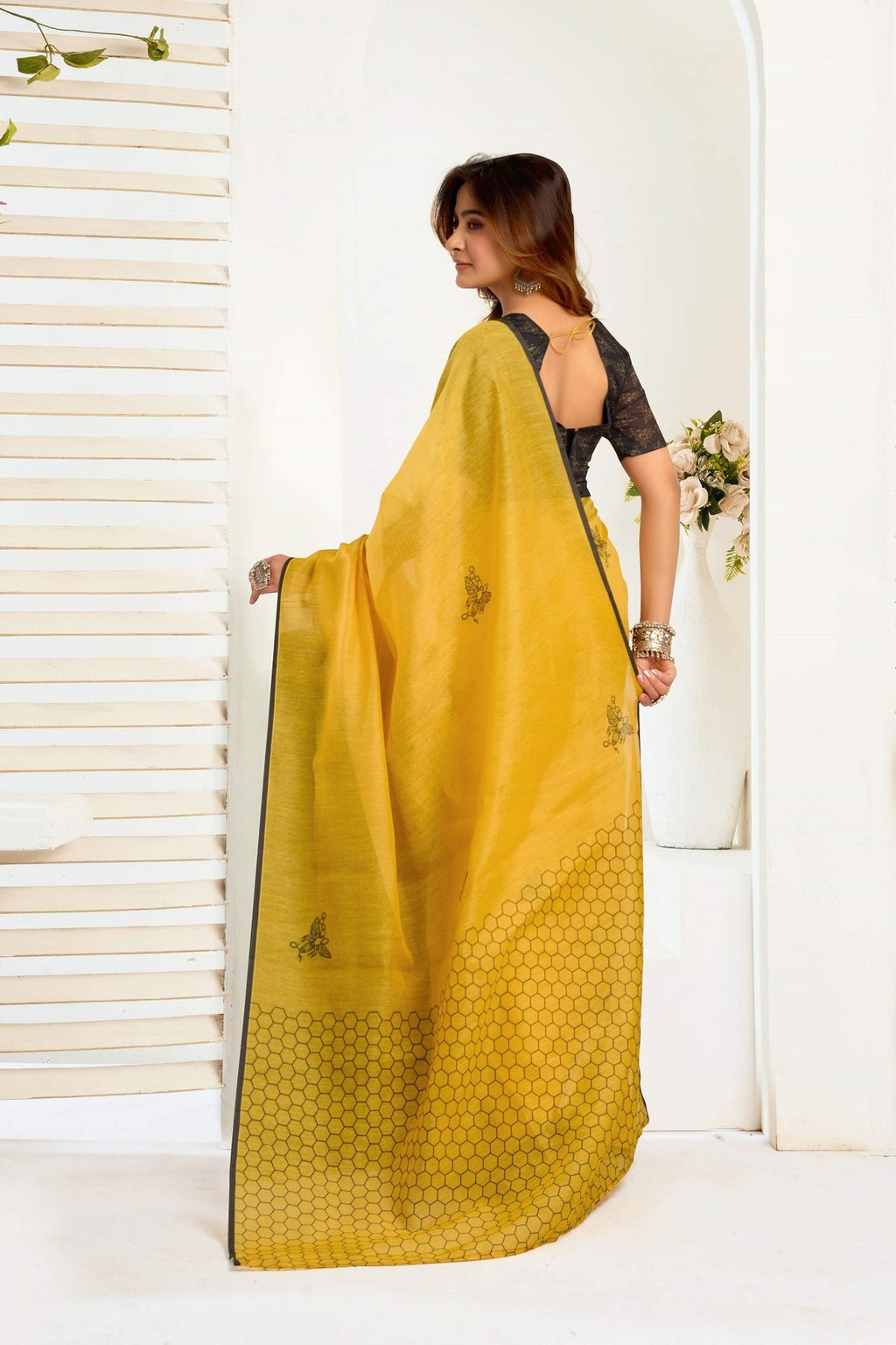 Yellow Printed Ready To Wear Saree with Unstitched Blouse