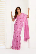 Elegant Pink Printed Linen Ready-to-Wear Saree with matching unstitched blouse fabric