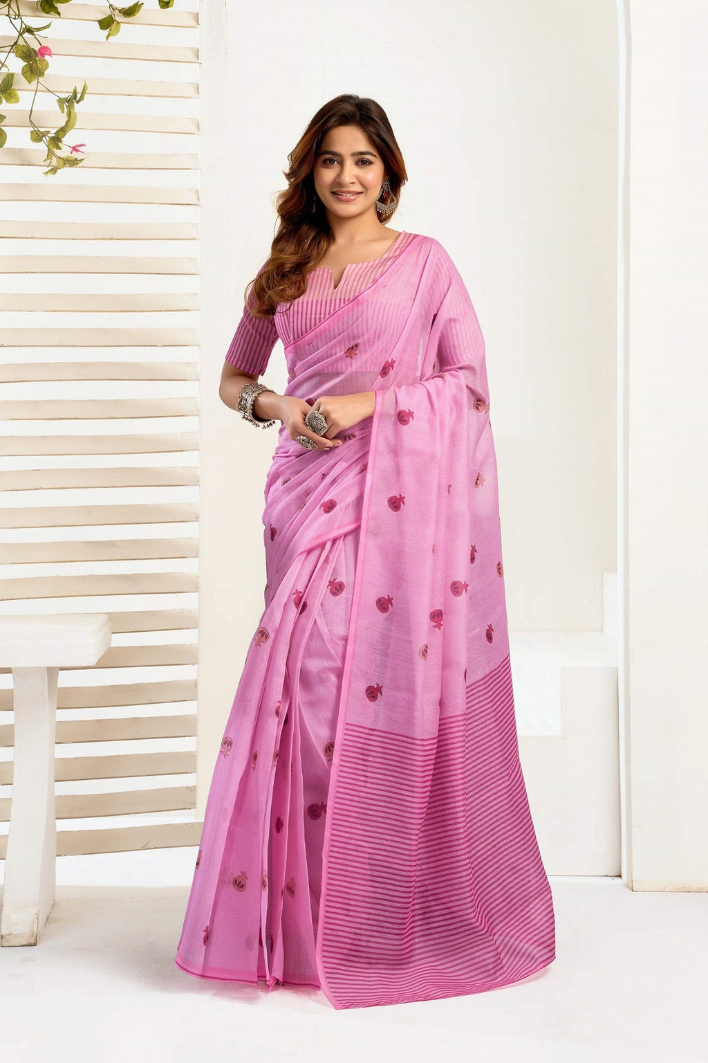 Pink Printed Linen Ready-to-Wear Saree with Unstitched Blouse