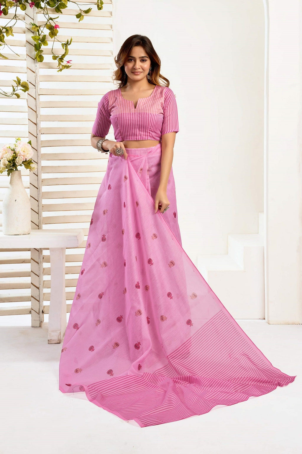 Pink Printed Linen Ready-to-Wear Saree with Unstitched Blouse