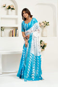 Sky blue printed linen ready-to-wear saree with matching unstitched blouse