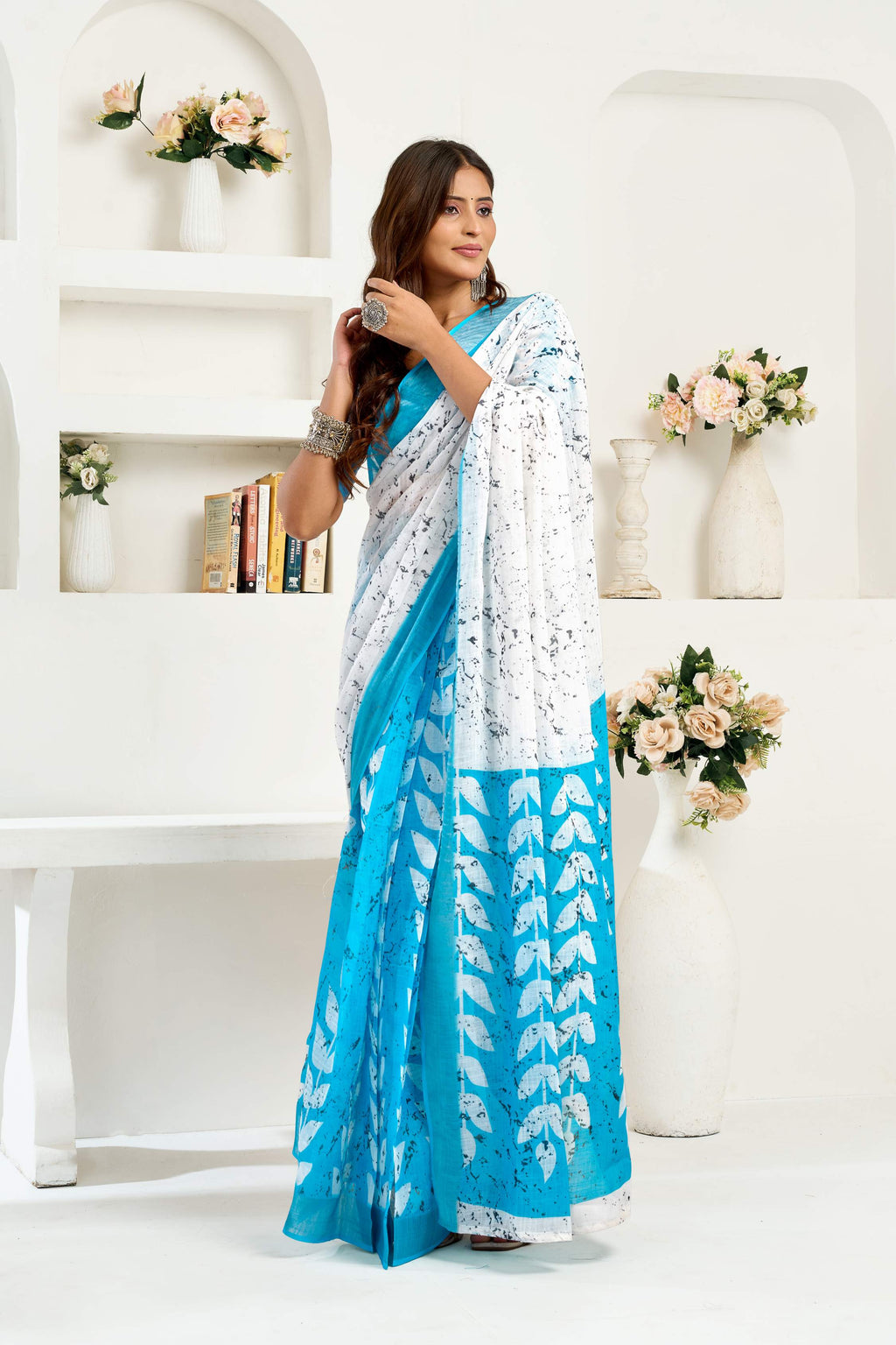 Sky Blue Printed Linen Ready To Wear Saree With Blouse Piece