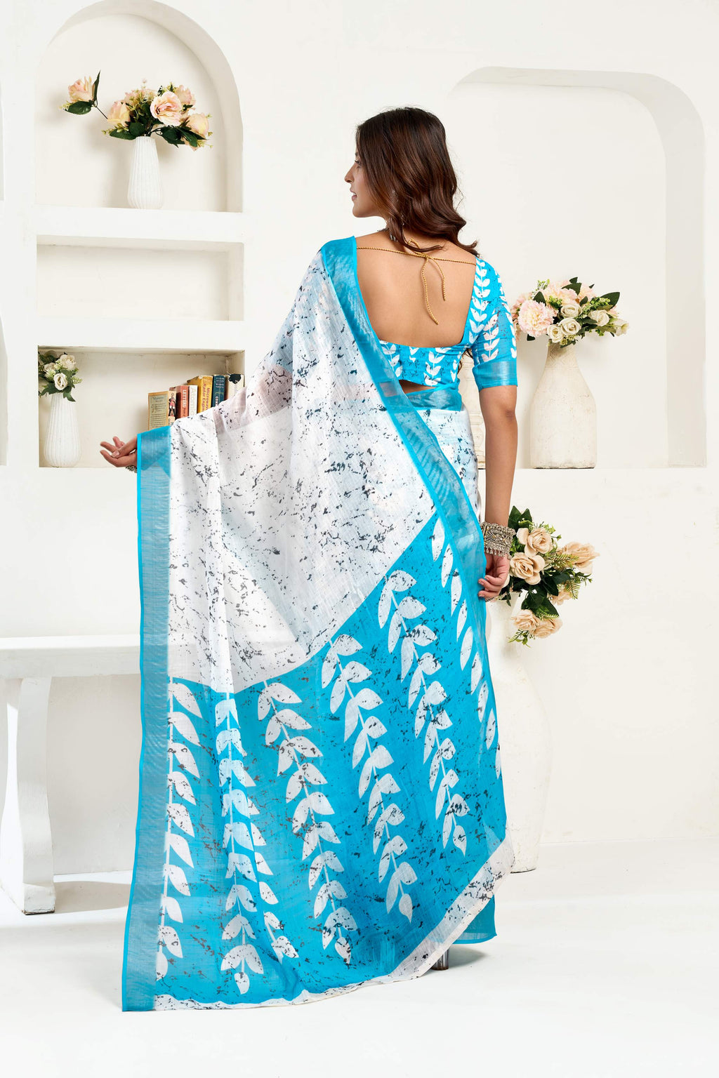 Sky Blue Printed Linen Ready To Wear Saree With Blouse Piece