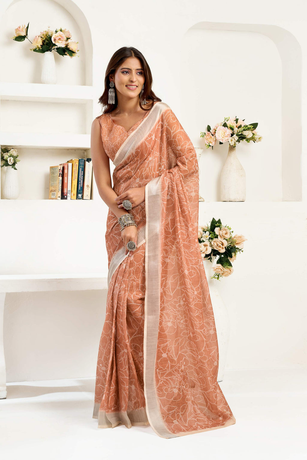 Beige printed linen ready-to-wear saree with matching unstitched blouse