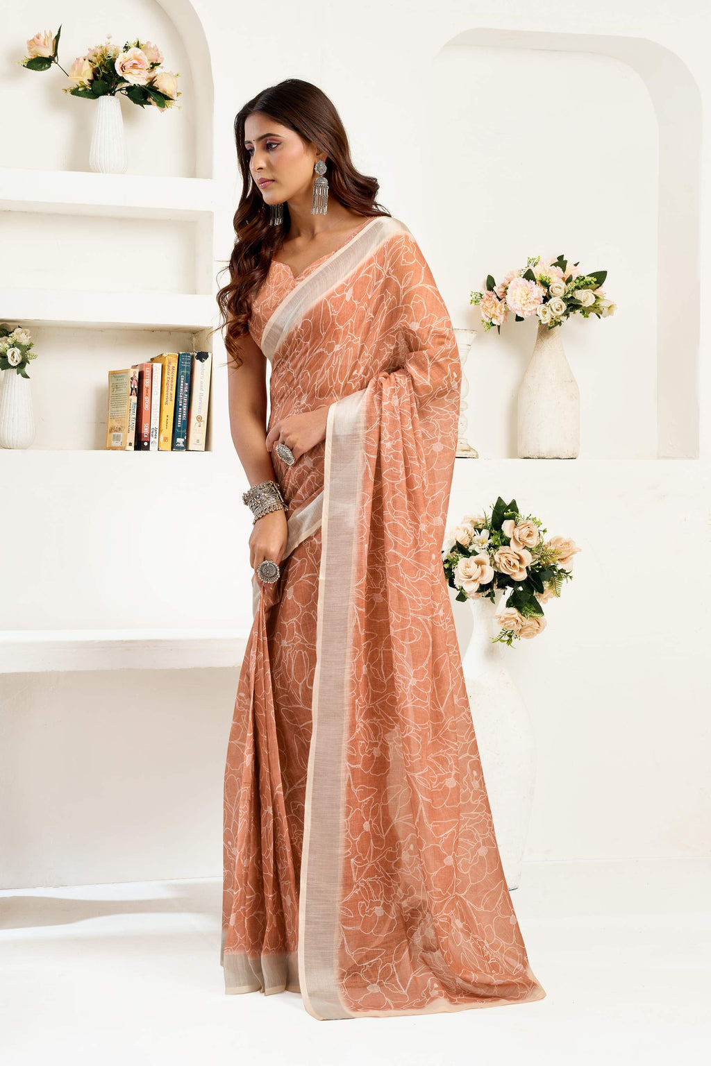 Beige Printed Linen Ready-To-Wear Party Saree