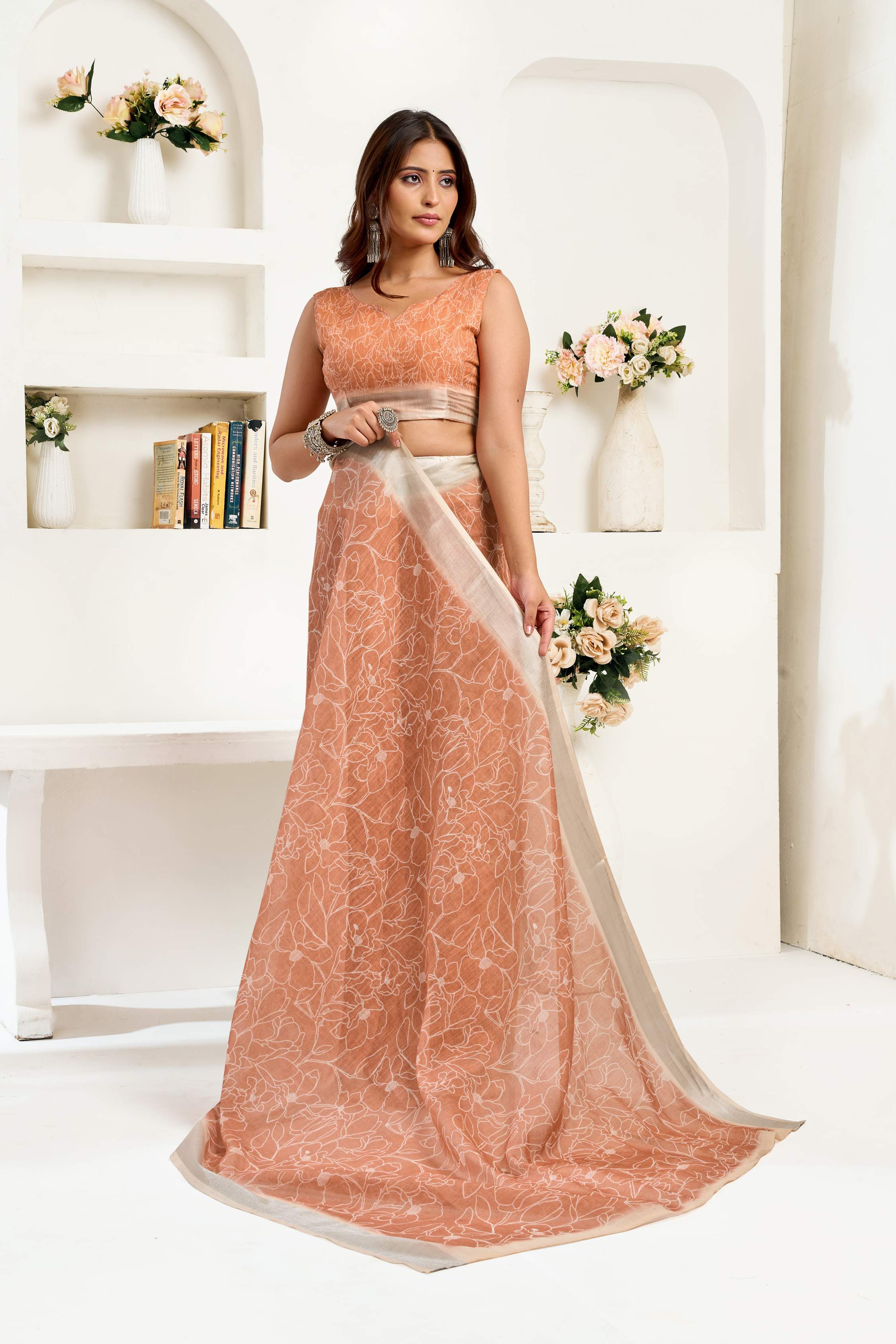 Beige Printed Linen Ready-To-Wear Party Saree
