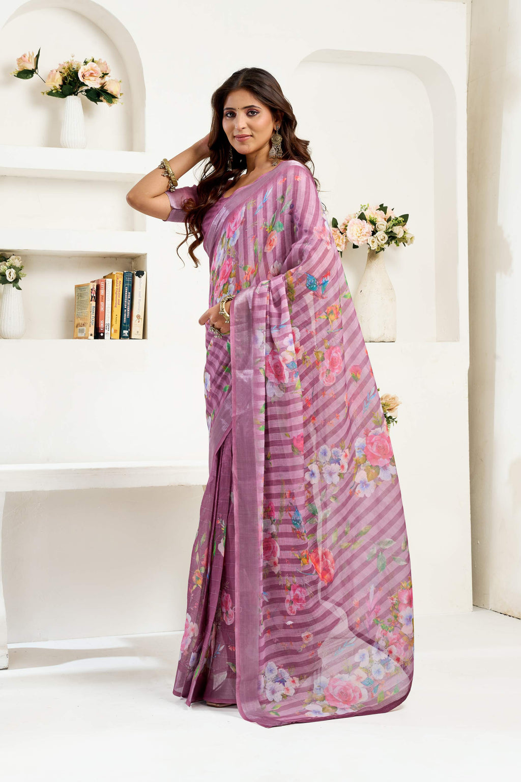 Purple printed linen ready-to-wear saree with matching unstitched blouse piece