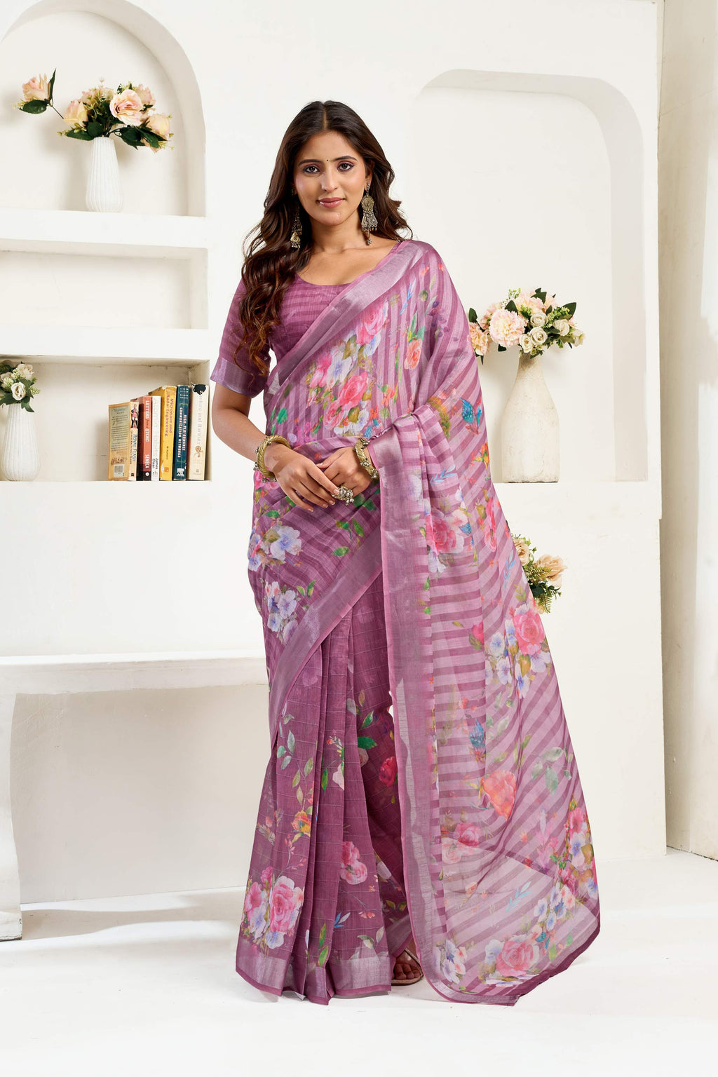 Purple Printed Linen Ready-to-Wear Saree with Unstitched Blouse