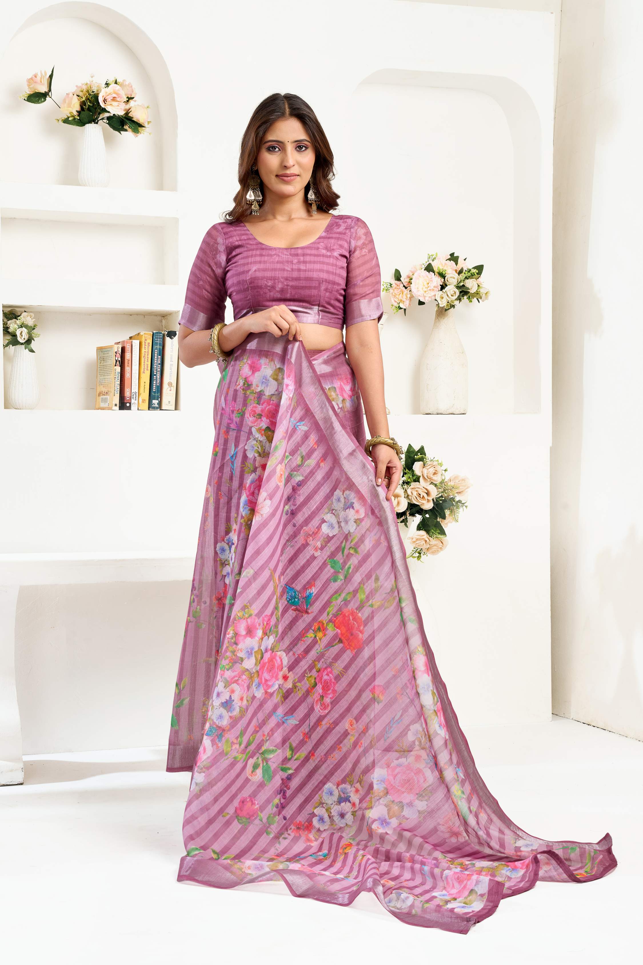 Purple Printed Linen Ready-to-Wear Saree with Unstitched Blouse