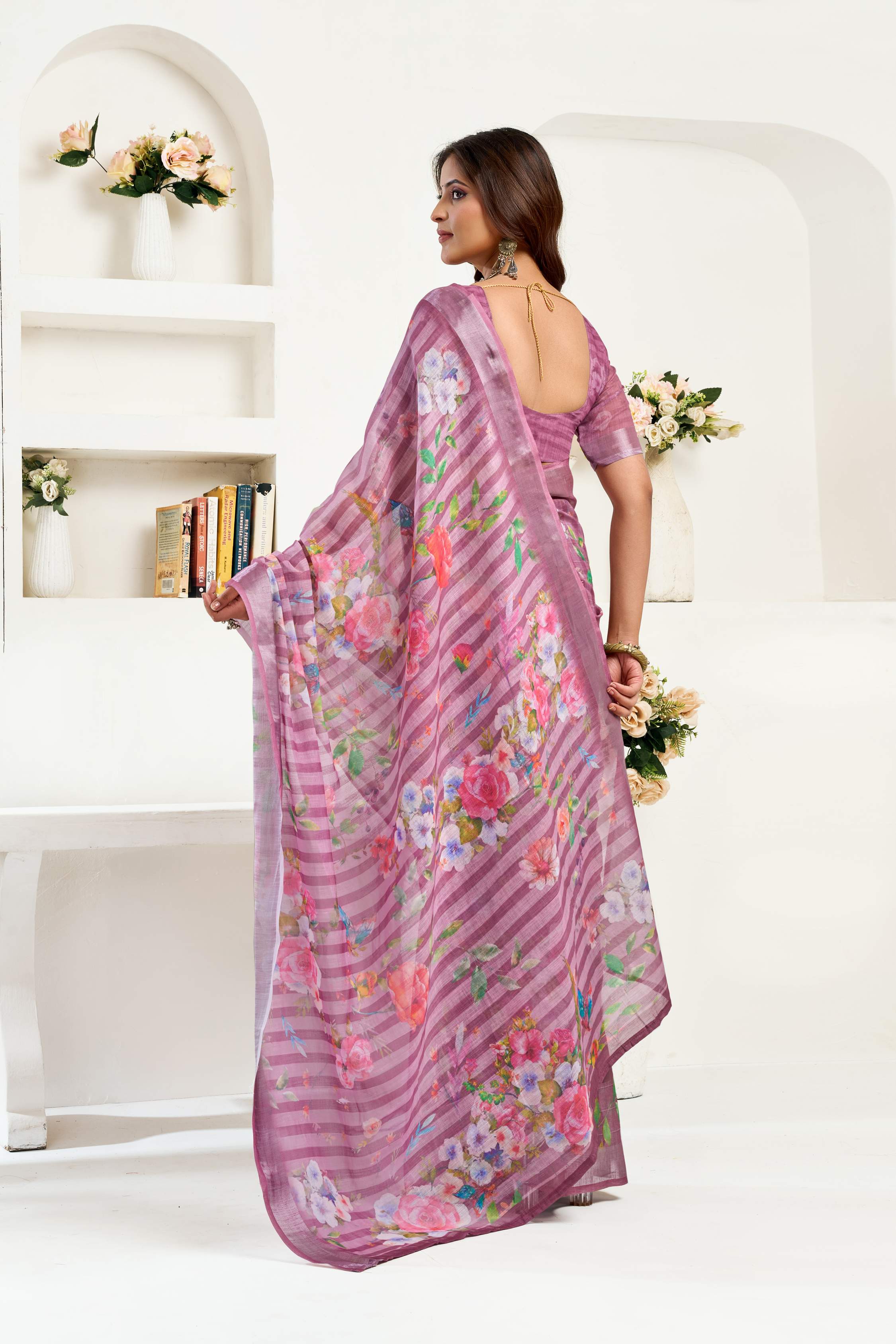 Purple Printed Linen Ready-to-Wear Saree with Unstitched Blouse
