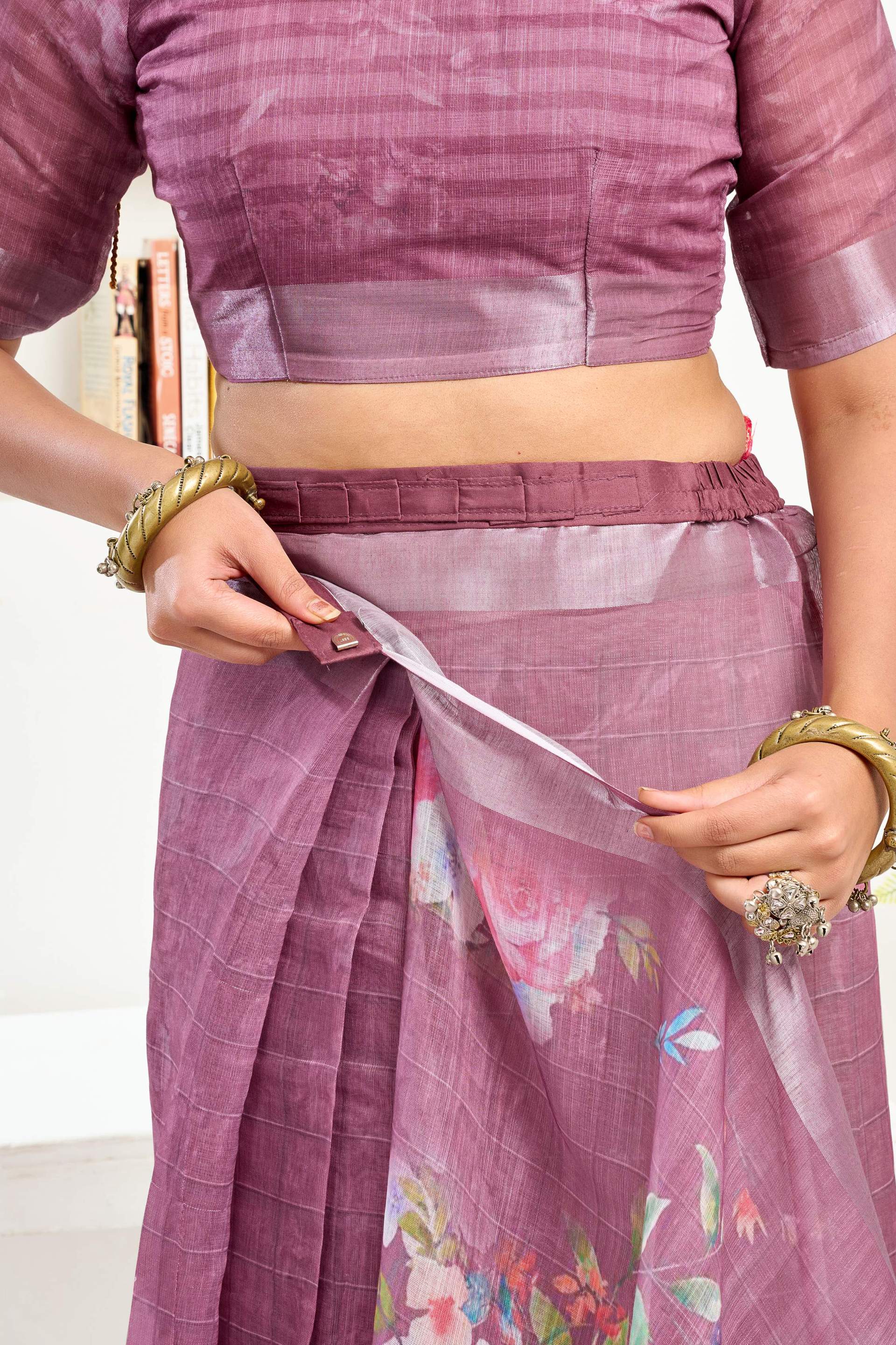 Purple Printed Linen Ready-to-Wear Saree with Unstitched Blouse