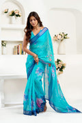 Turquoise blue printed linen ready-to-wear saree with matching unstitched blouse