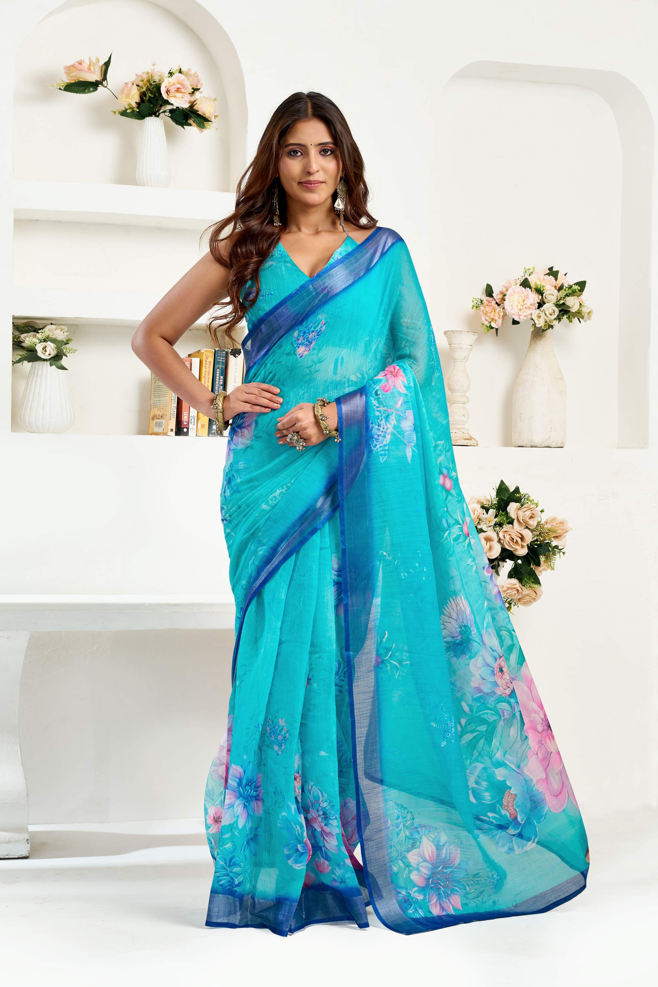 Turquoise Blue Printed Linen Ready-to-Wear Saree with Blouse