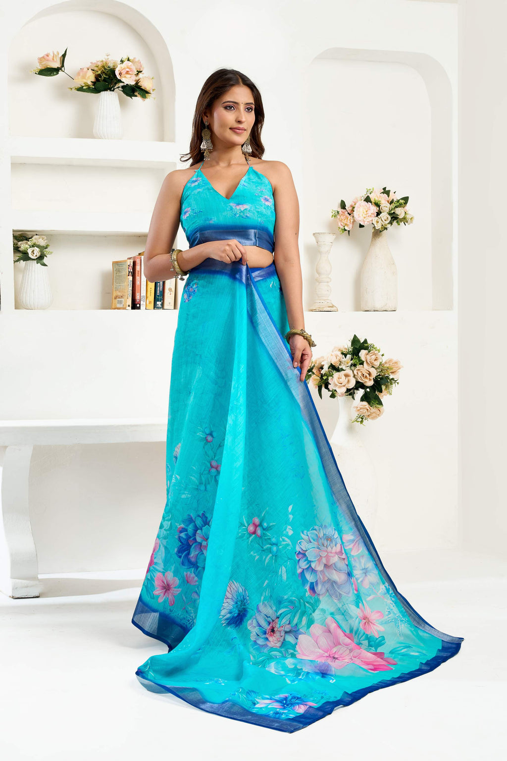 Turquoise Blue Printed Linen Ready-to-Wear Saree with Blouse
