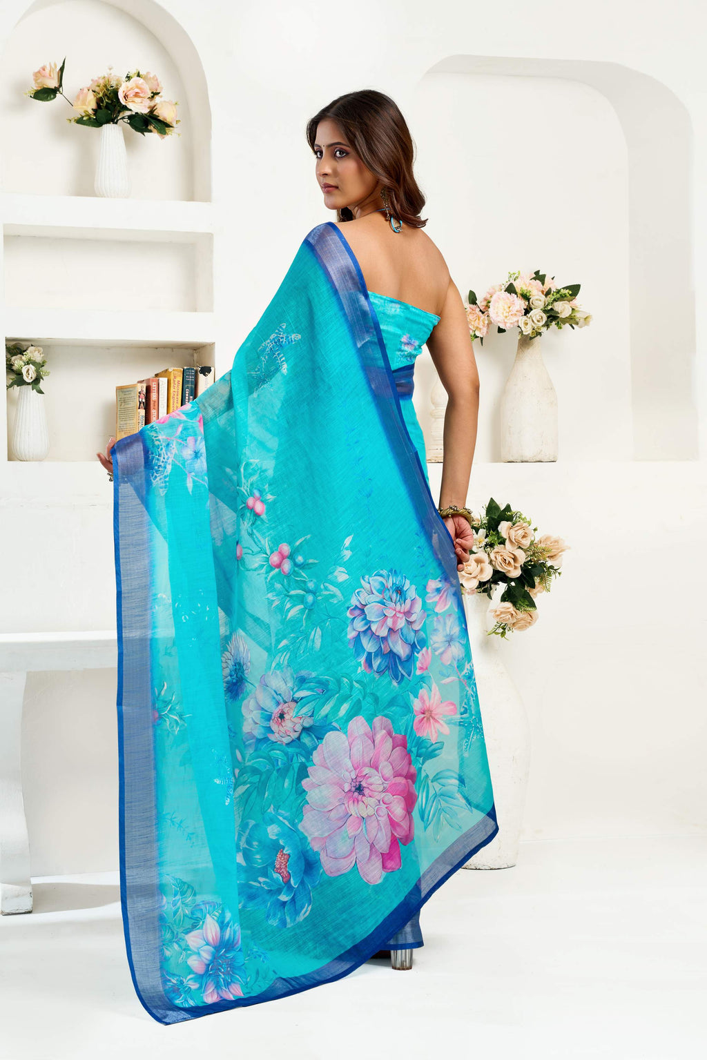 Turquoise Blue Printed Linen Ready-to-Wear Saree with Blouse