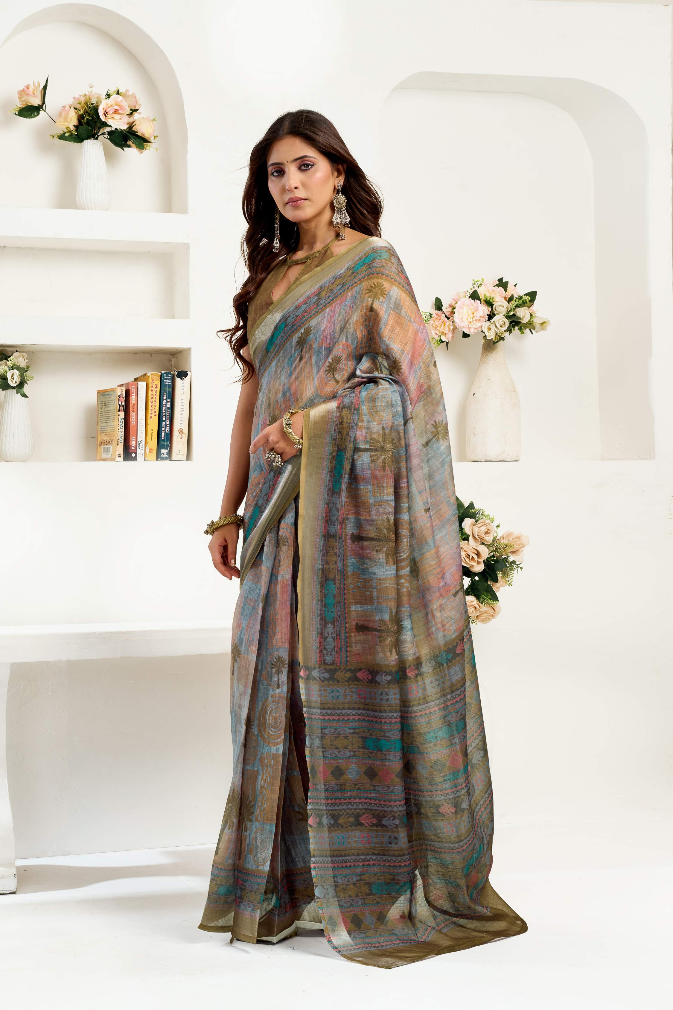 Sage Green Printed Linen Ready to Wear Saree with Unstitched Blouse